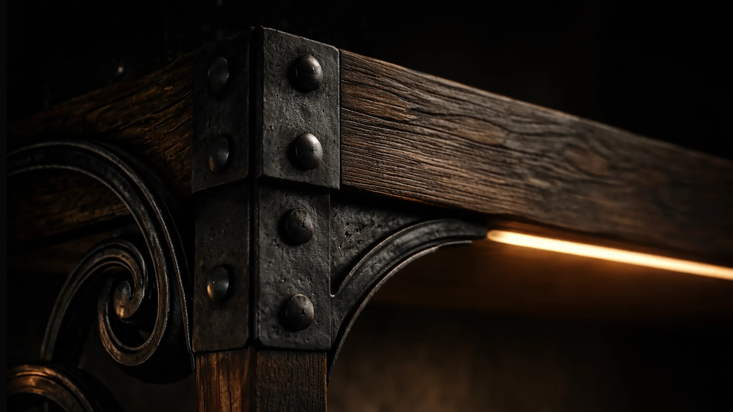 Author-crafted wooden object with forged metal elements and integrated lighting